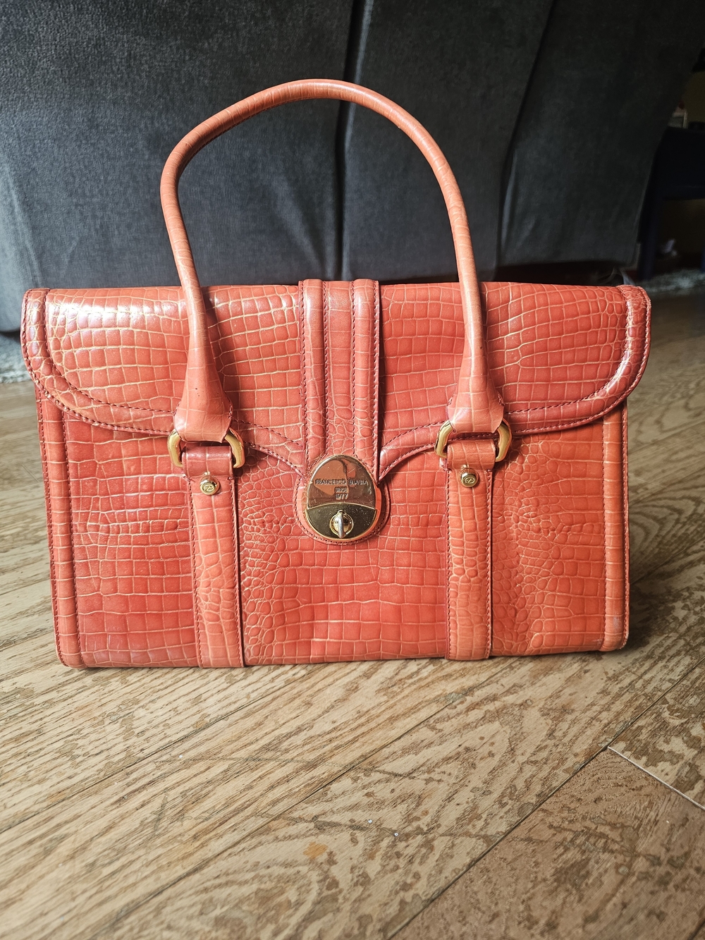 Francesco Biasia Italian Leather Croc Embossed Coral Orange Satchel Handbag Gold